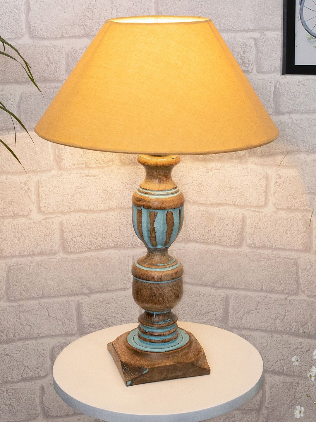 Homesake Golden & Turquoise Blue French Trophy Carved Table Lamp with Shade Price in India