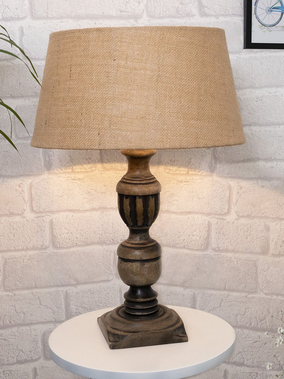 Homesake Beige Antique Carved Table lamp with Empire Jute Shade Price in India