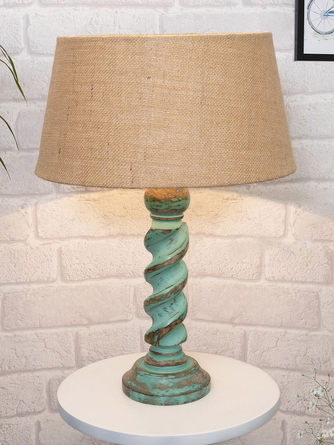 Homesake Beige & Blue Signature Rustic Rope Algae Frustum Table Lamp With Shade Price in India