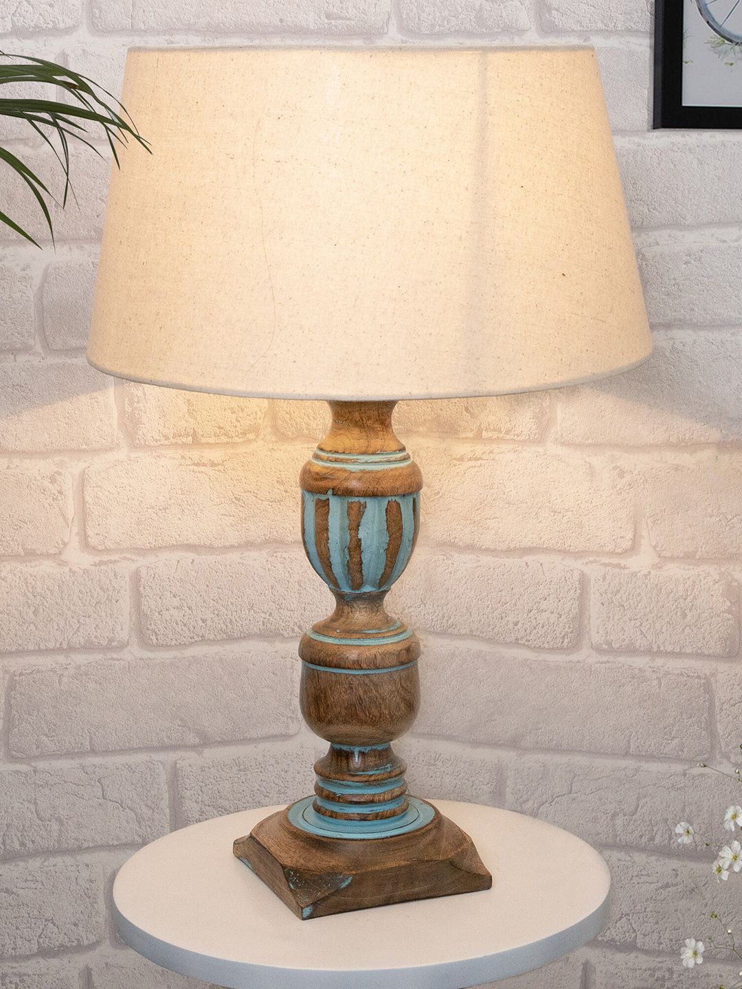 Homesake Rustic Distress Blue French Trophy Carved Table lamp with Empire Khadi Shade Price in India