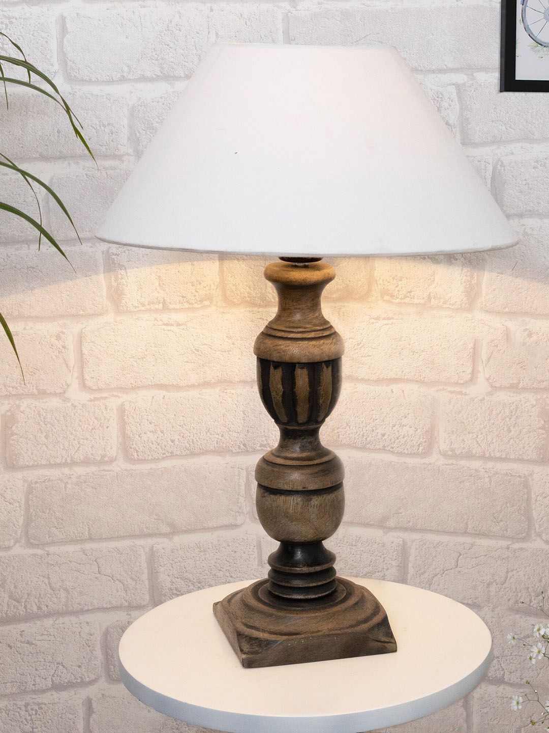 Homesake White & Black Rustic Antique French Trophy Carved Table Lamp with Cone Shade Price in India