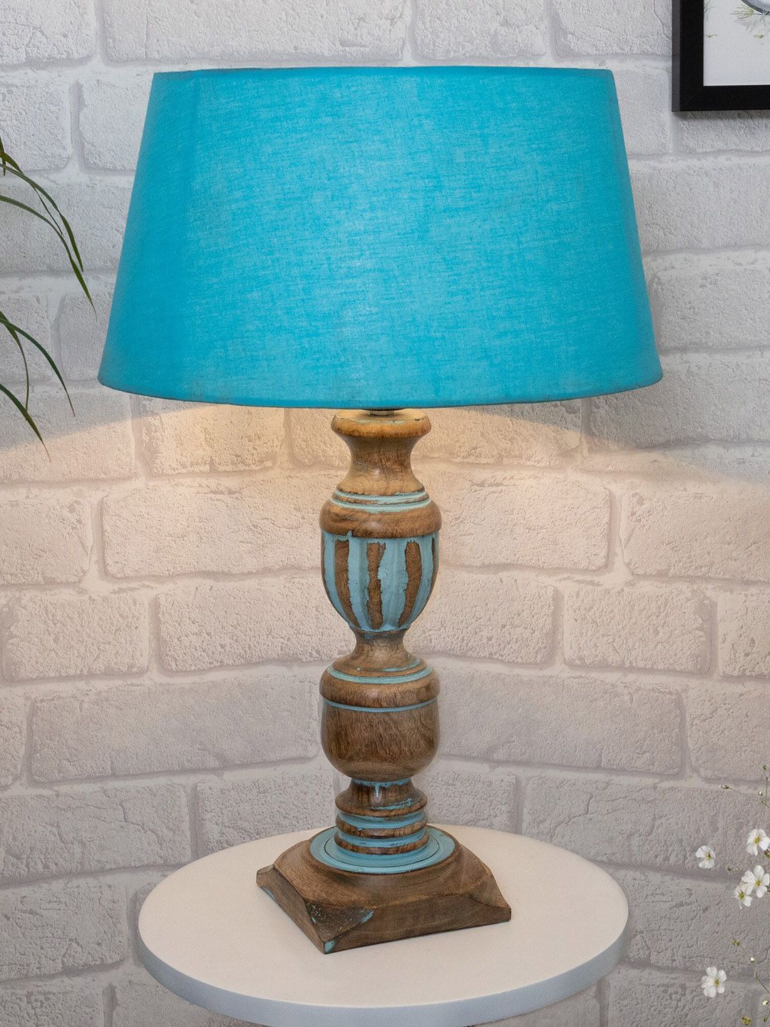 Homesake Turquoise Blue Traditional Carved Table Lamp With Shade Price in India