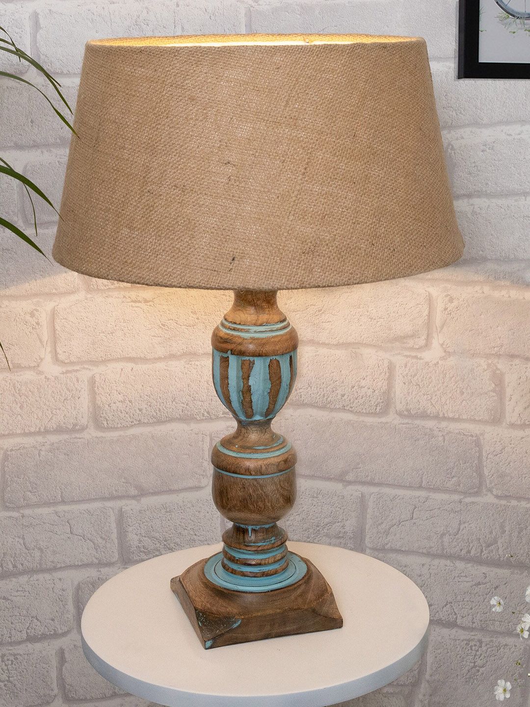 Homesake Beige & Blue Rustic Distress French Trophy Frustum Table Lamp With Shade Price in India