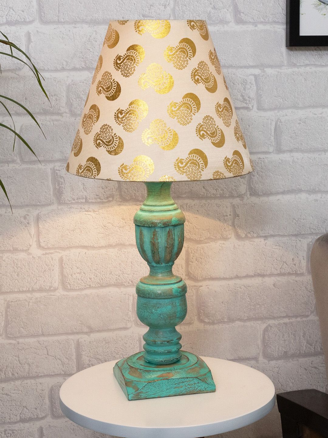 Homesake Golden & Turquoise Blue French Trophy Carved Table Lamp with Shade Price in India