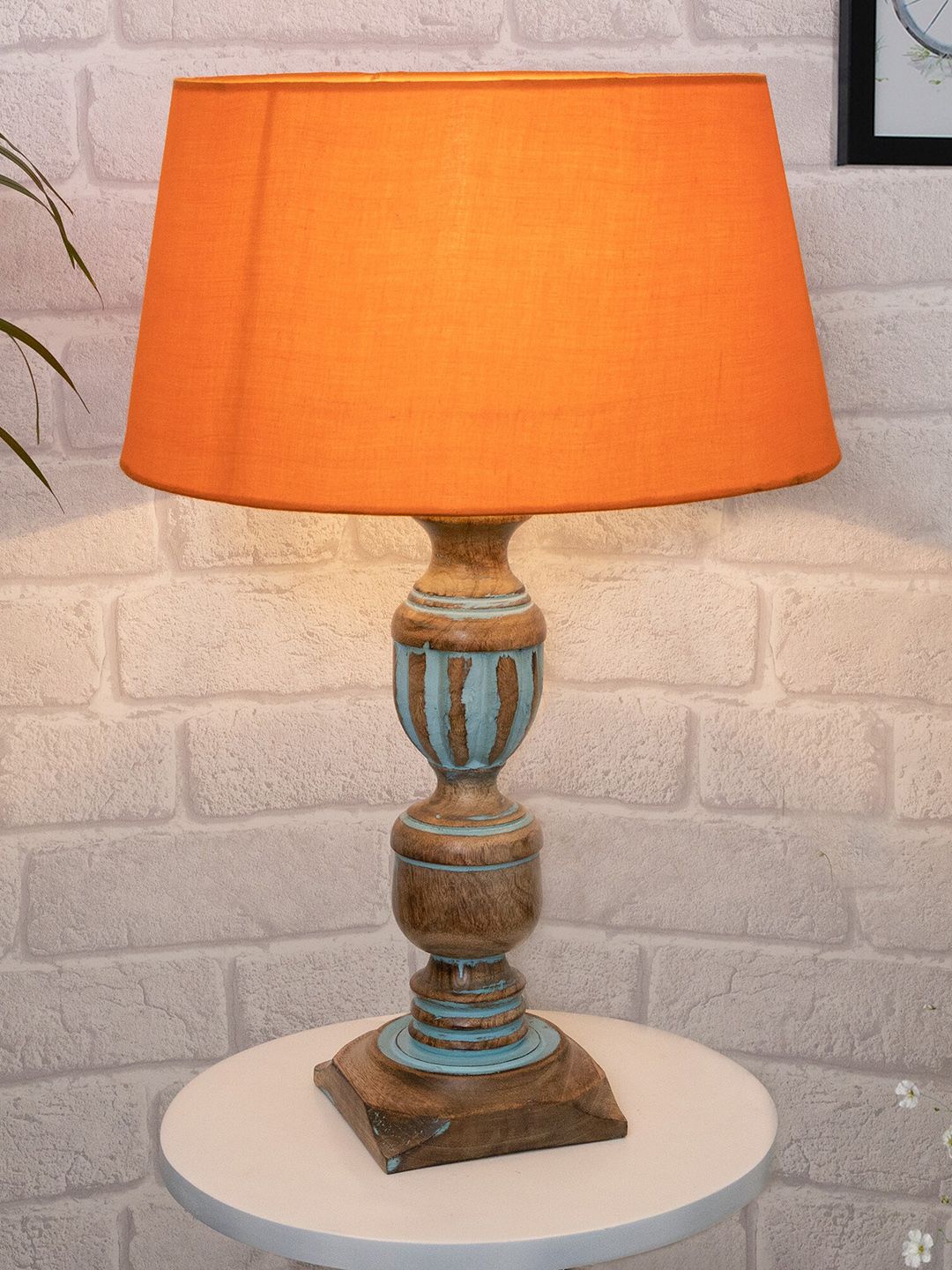 Homesake Rustic Distress Orange Solid Contemporary Frustum Table lamp with Cotton Shade Price in India