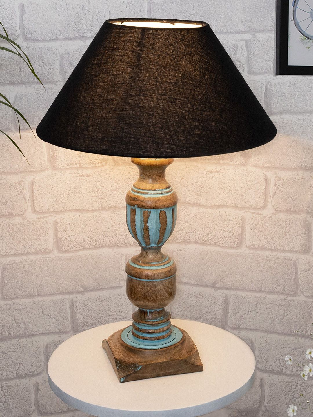 Homesake Blue & Black Rustic Distress French Trophy Carved Table Lamp Price in India