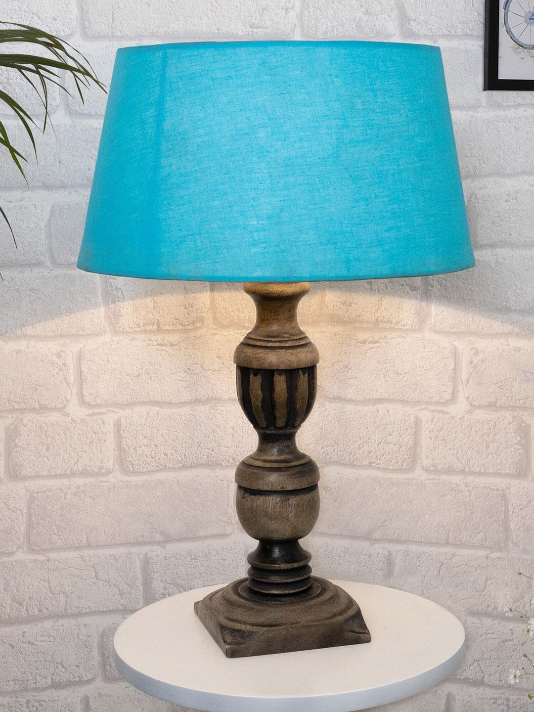 Homesake Turquoise Blue Rustic Antique French Trophy Carved Table lamp With Shade Price in India
