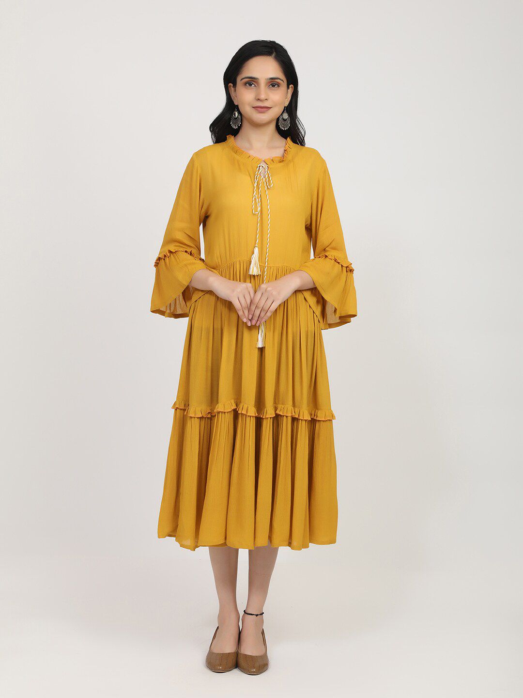 Bhama Couture Women Mustard Yellow Tie-Up Neck Midi Dress Price in India