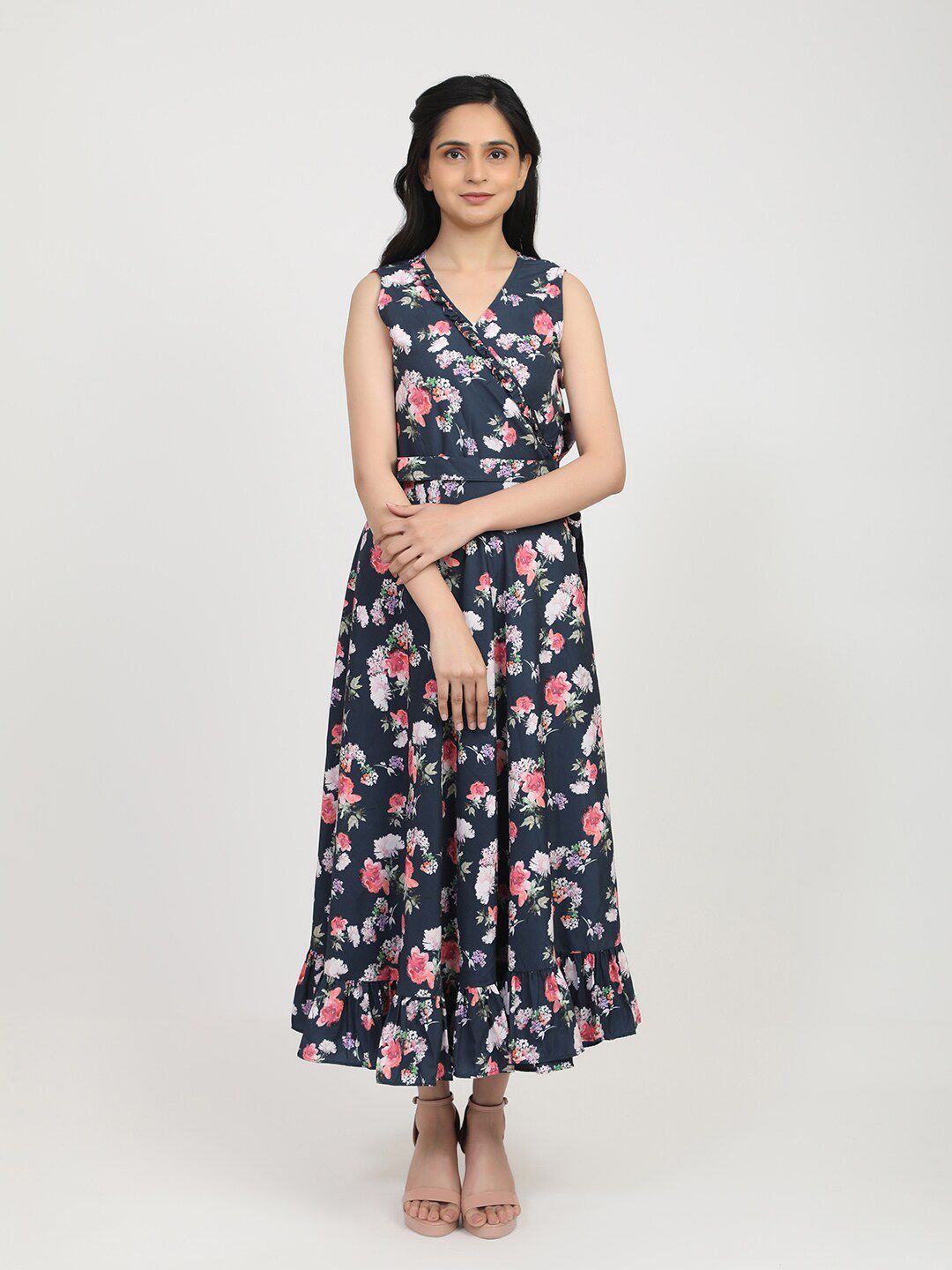 Bhama Couture Women Blue Floral Crepe Maxi Dress Price in India