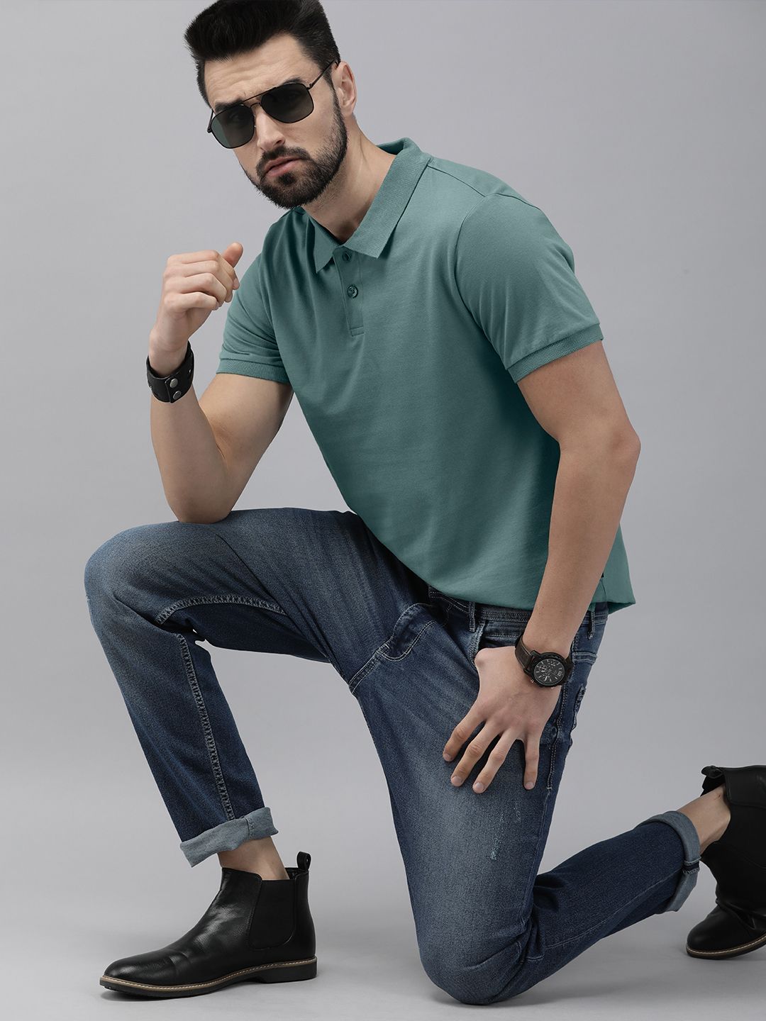 The Roadster Lifestyle Co Men Green Polo Collar  Cotton T-shirt
