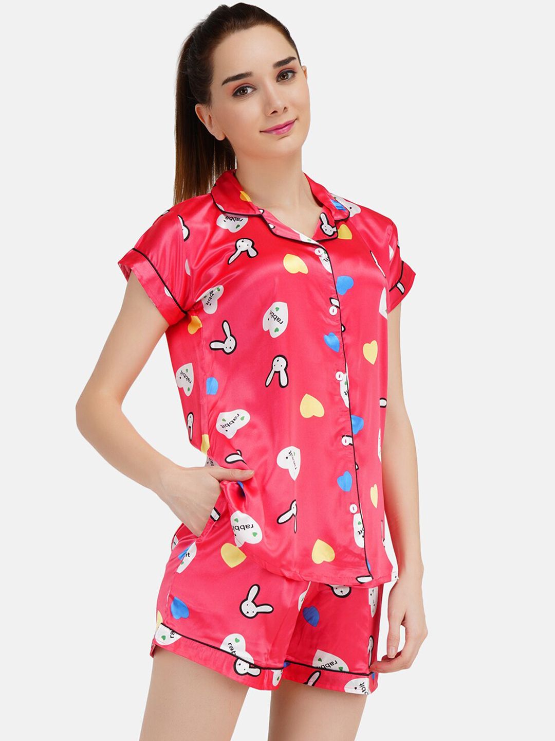 KOI SLEEPWEAR Women Red & Blue Graphic Printed Satin Night Suit Price in India