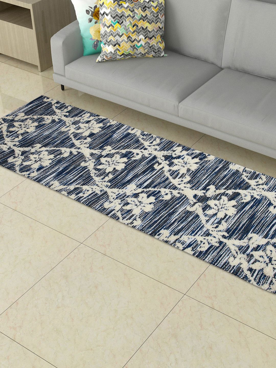 Home Centre Blue & White Textured Woven Carpet Runner Price in India