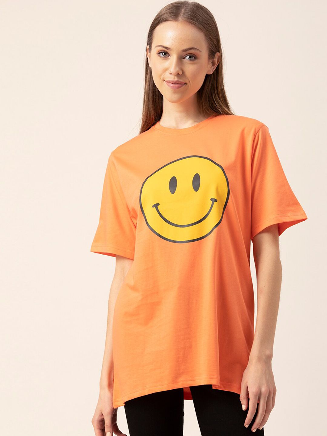 Lounge Dreams Women Peach-Colored & Yellow Printed Pure Cotton Lounge Tshirt Price in India