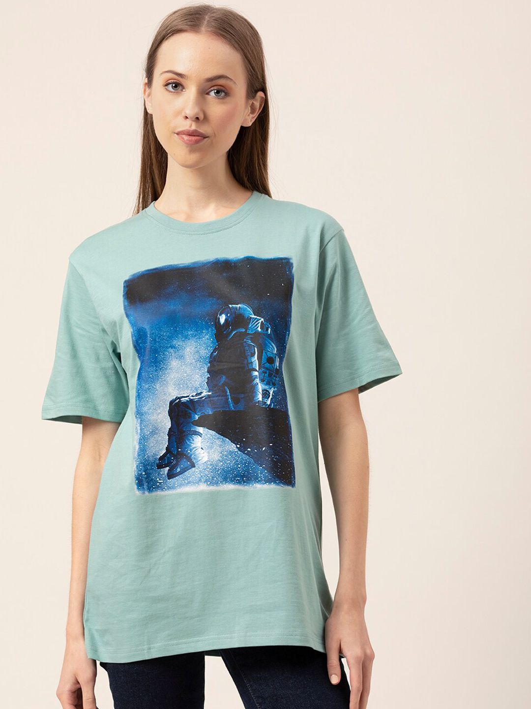 Lounge Dreams Women Sea Green & Blue Printed Pure Cotton Lounge T-shirt Price in India