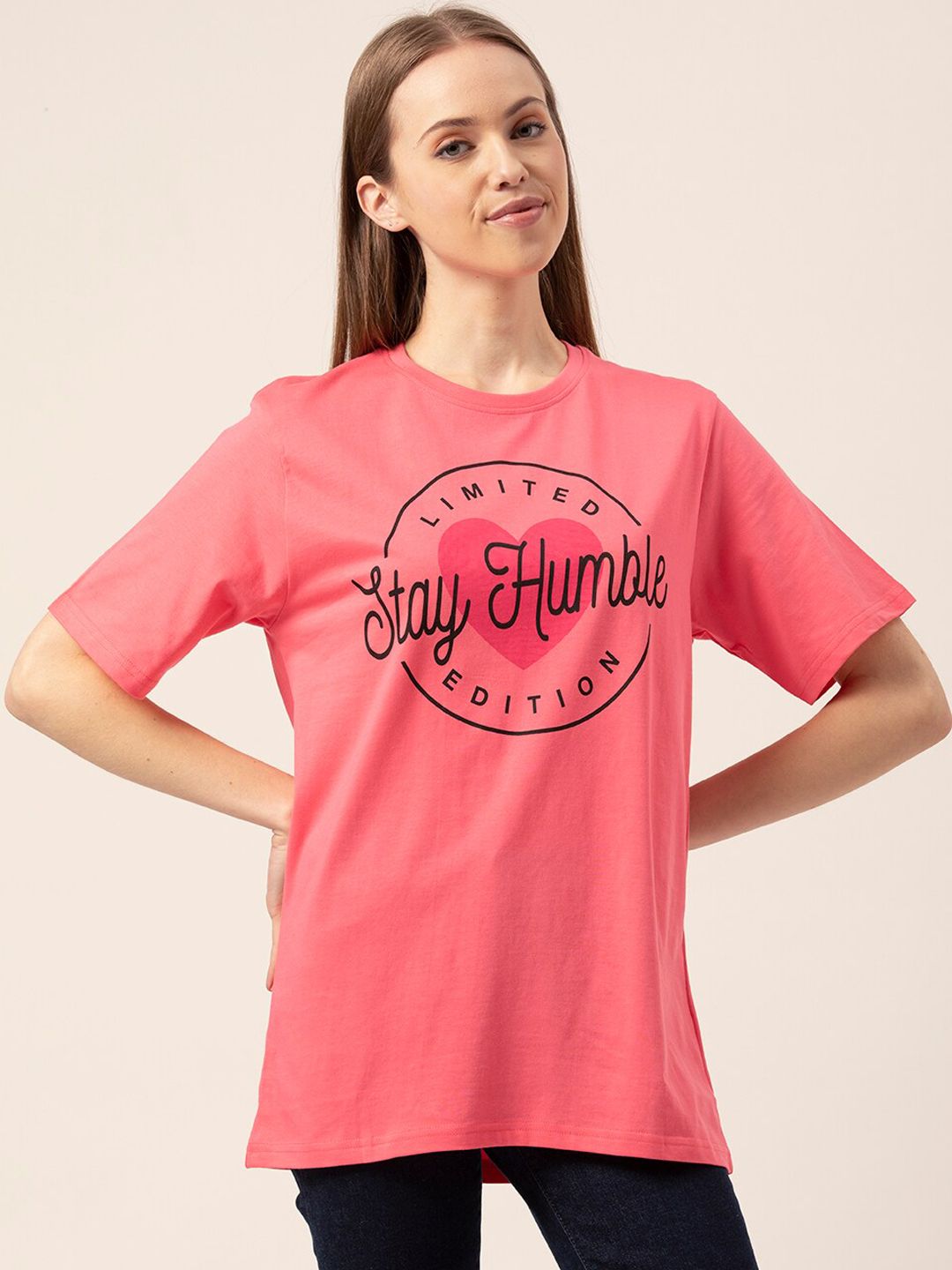 Lounge Dreams Women Pink & Black Printed Pure Cotton Lounge T-shirt Price in India