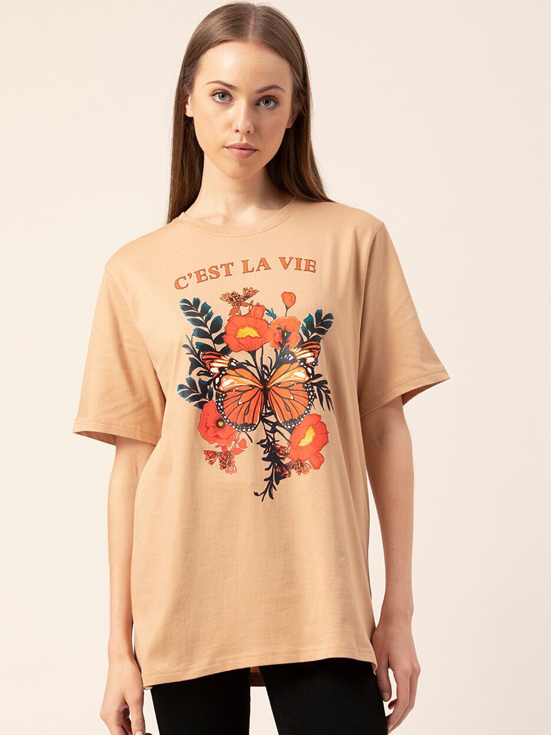 Lounge Dreams Women Beige & Orange Printed Pure Cotton Lounge Tshirt Price in India