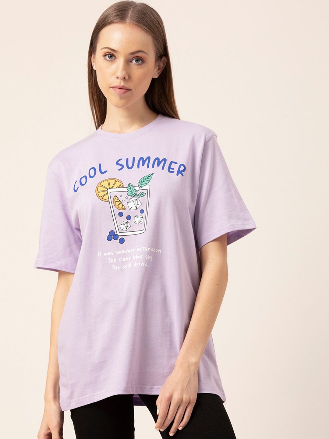 Lounge Dreams Women Lavender & Blue Printed Pure Cotton Lounge T-shirt Price in India