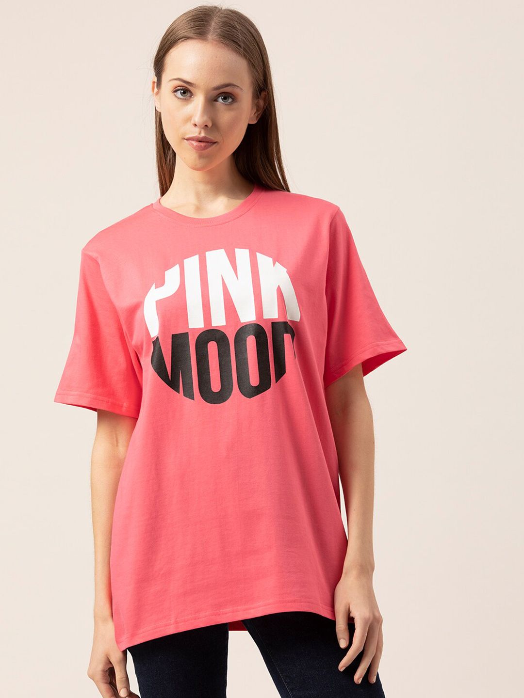 Lounge Dreams Women Pink & White Printed Pure Cotton Lounge T-shirt Price in India