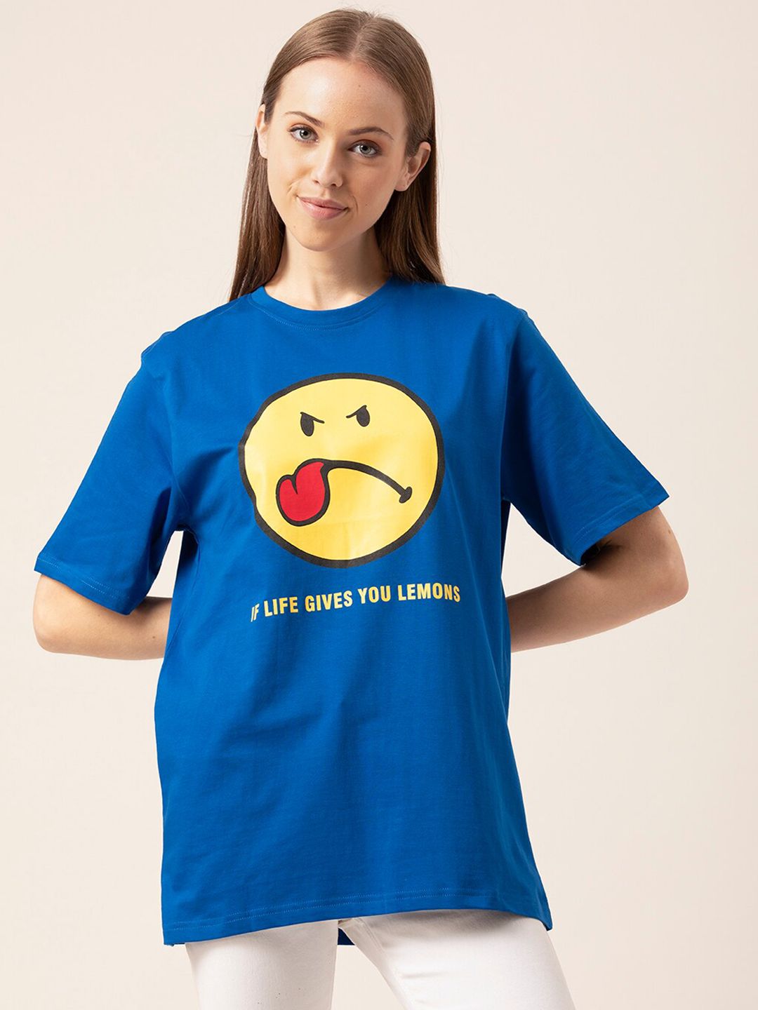 Lounge Dreams Women Blue & Yellow Printed Pure Cotton Lounge Loose T-shirt Price in India