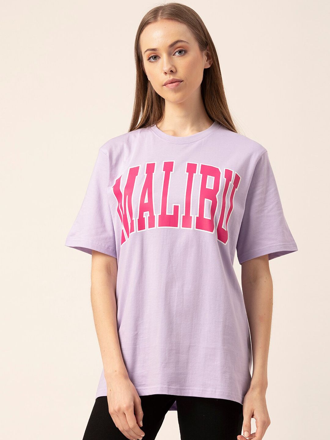 Lounge Dreams Women Lavender & Pink Printed Pure Cotton Loose Lounge Tshirt Price in India