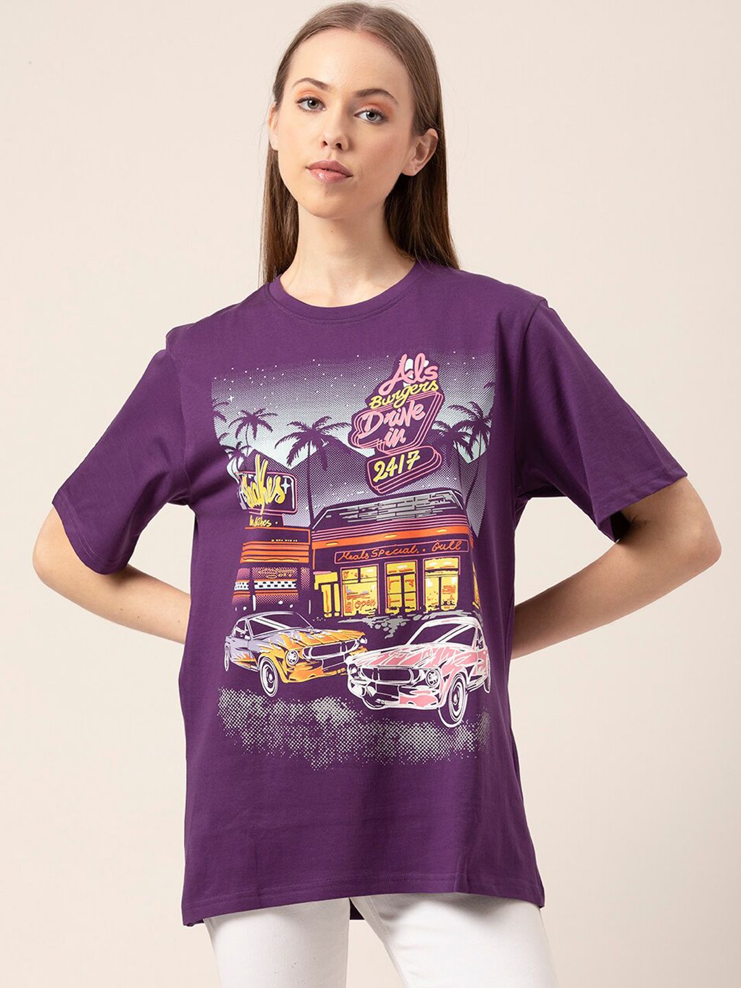Lounge Dreams Women Purple & Yellow Printed Pure Cotton Lounge T-shirt Price in India
