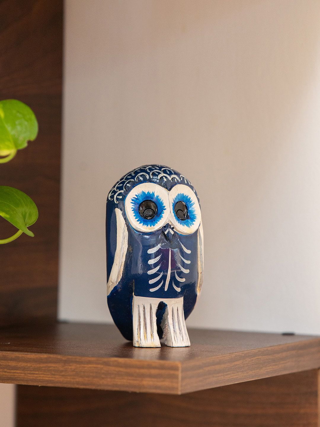 ExclusiveLane Navy Blue & White Owl Hand-Painted Wooden Showpieces Price in India