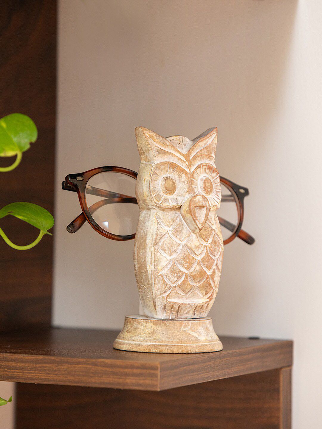 ExclusiveLane Cream Snowy Owl Wooden Showpieces Cum Spectacle Holder Price in India