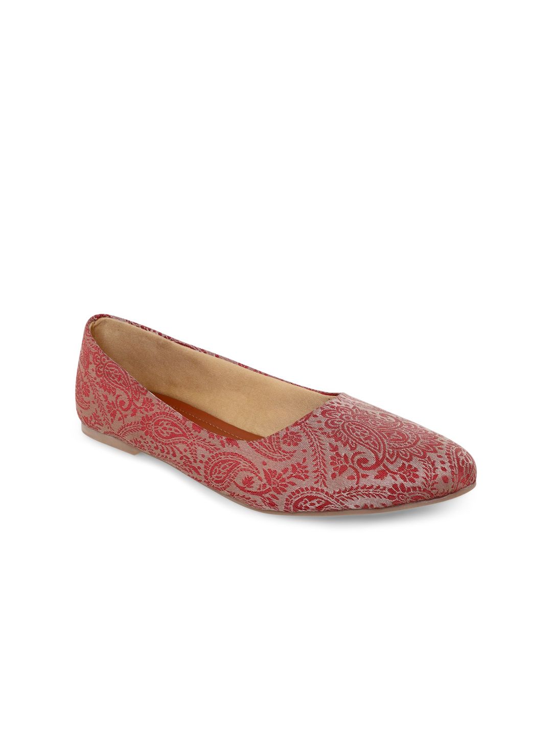 Kanvas Women Red Printed Leather Ethnic Ballerinas Flats