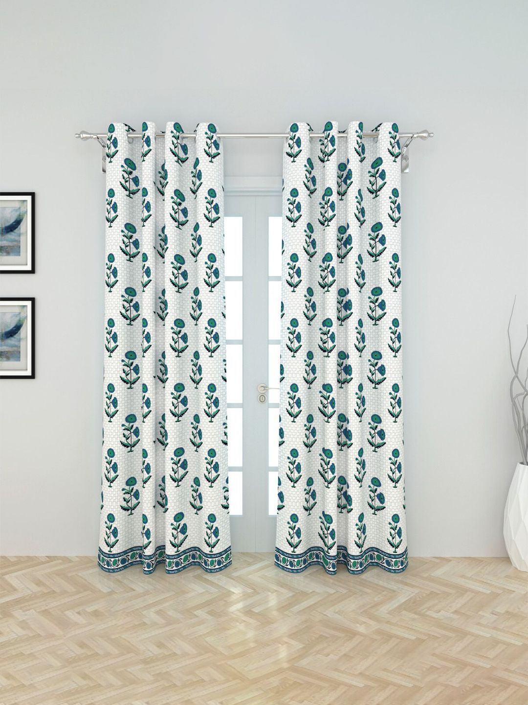 Home Centre White & Blue Ethnic Motifs Black Out Door Curtain Price in India