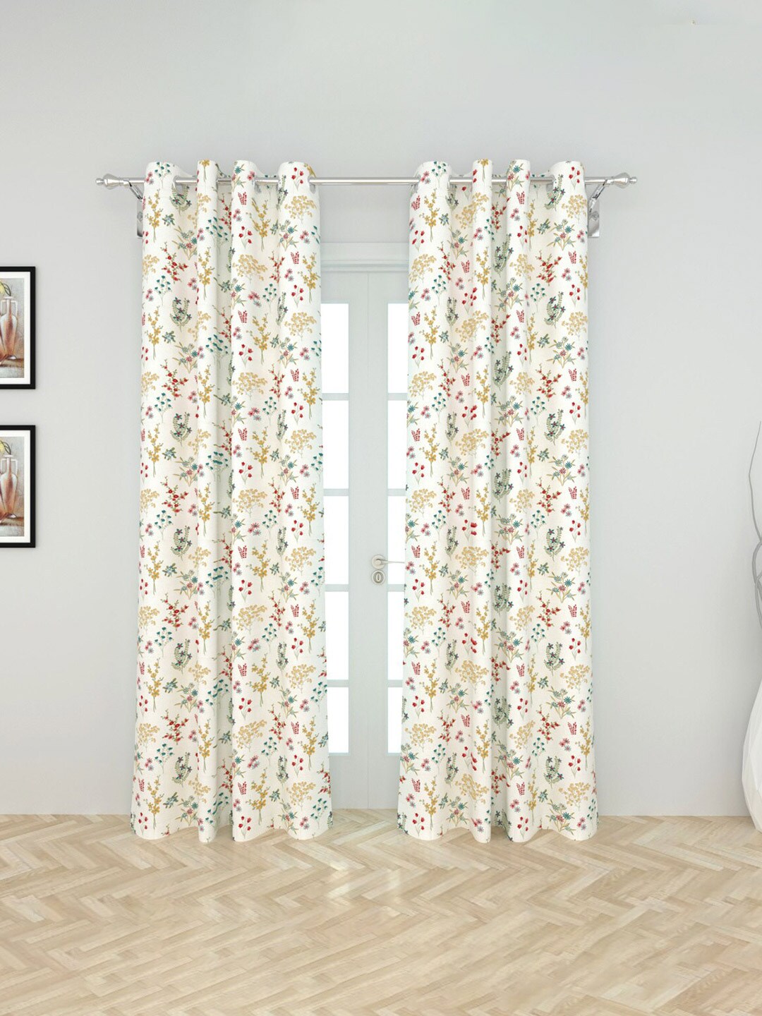 Home Centre White & Green Floral Black Out Door Curtain Price in India