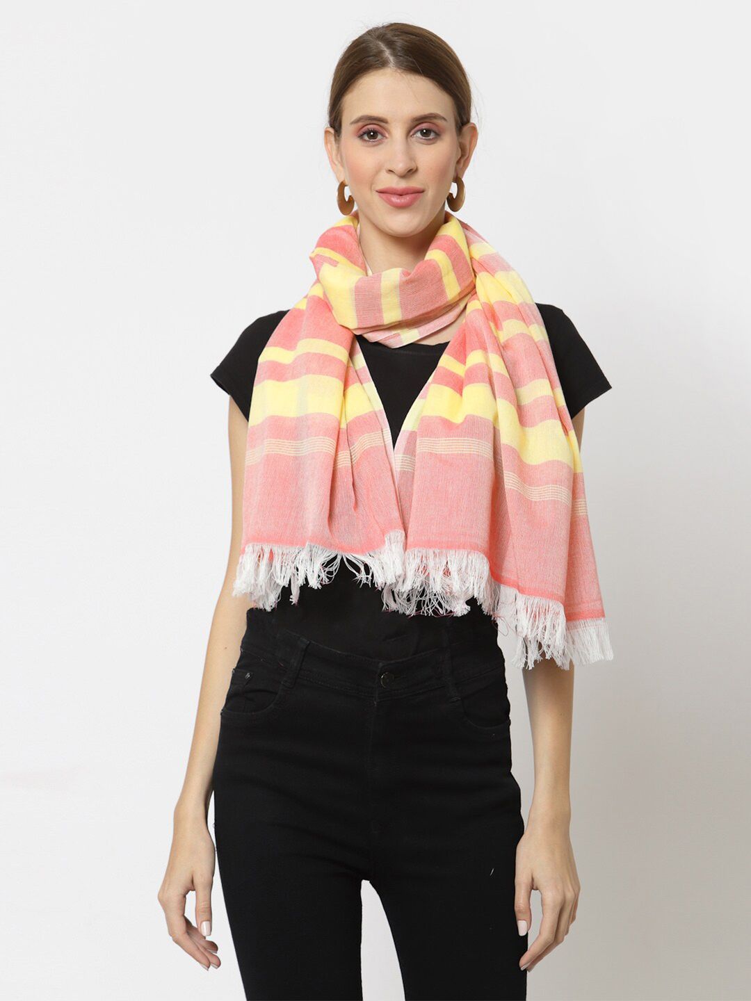 KLOTTHE Women Pink & Yellow Striped Stole Price in India