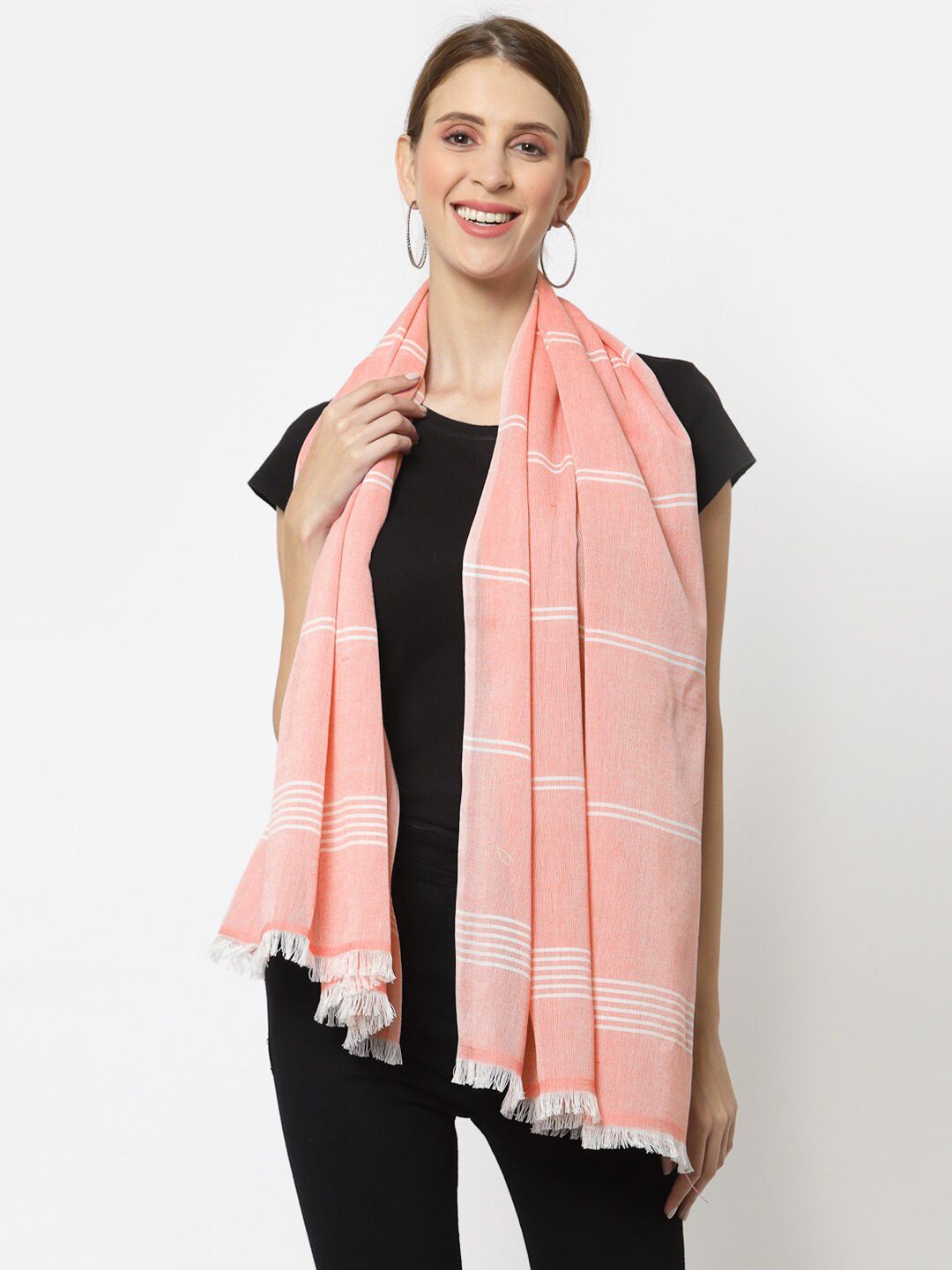 KLOTTHE Women Orange & White Striped Stole Price in India