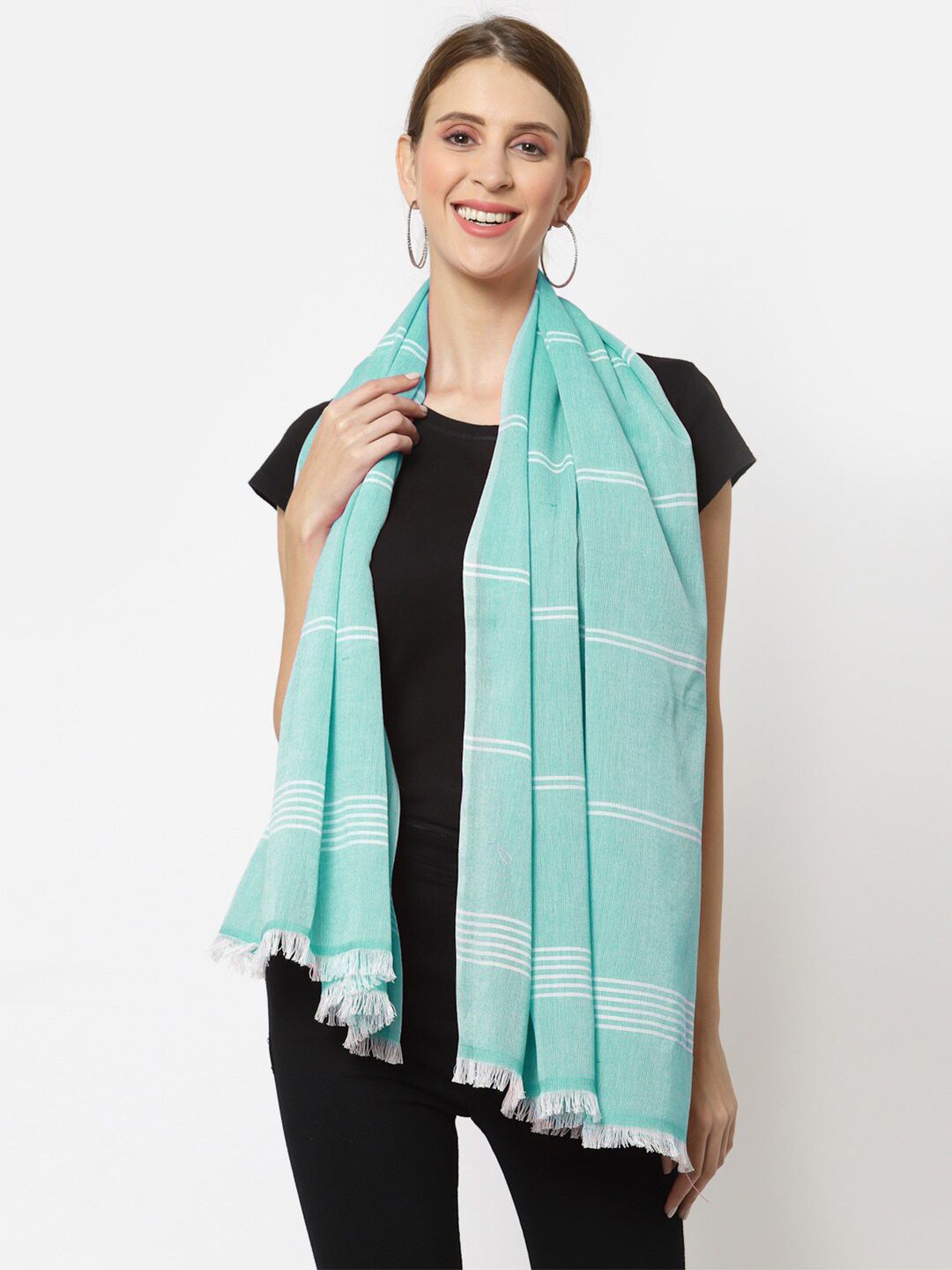 KLOTTHE Women Turquoise Blue & White Striped Stole Price in India