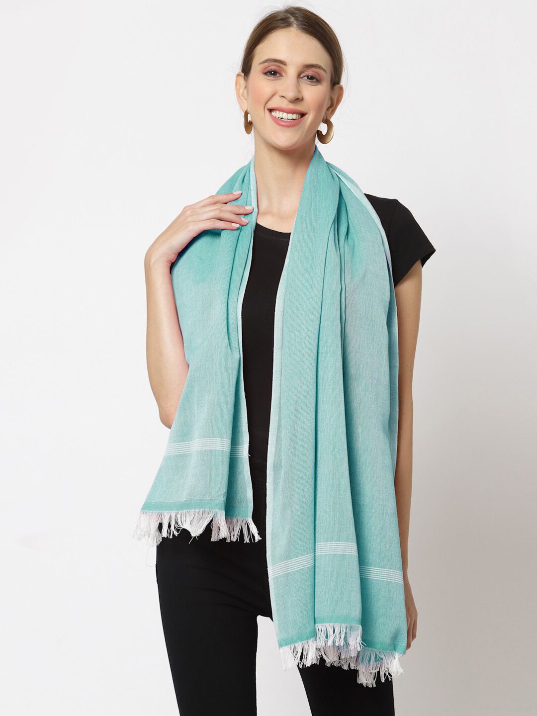 KLOTTHE Women Turquoise Blue & White Solid Stole Price in India