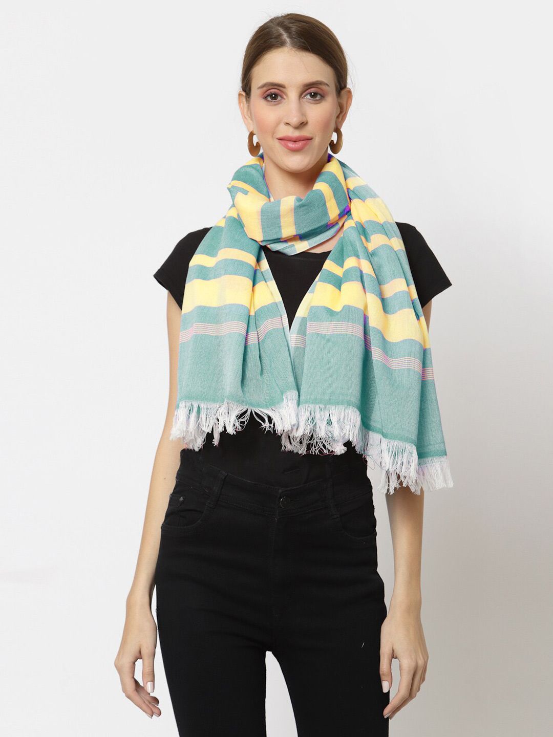 KLOTTHE Women Teal & Yellow Striped Stole Price in India