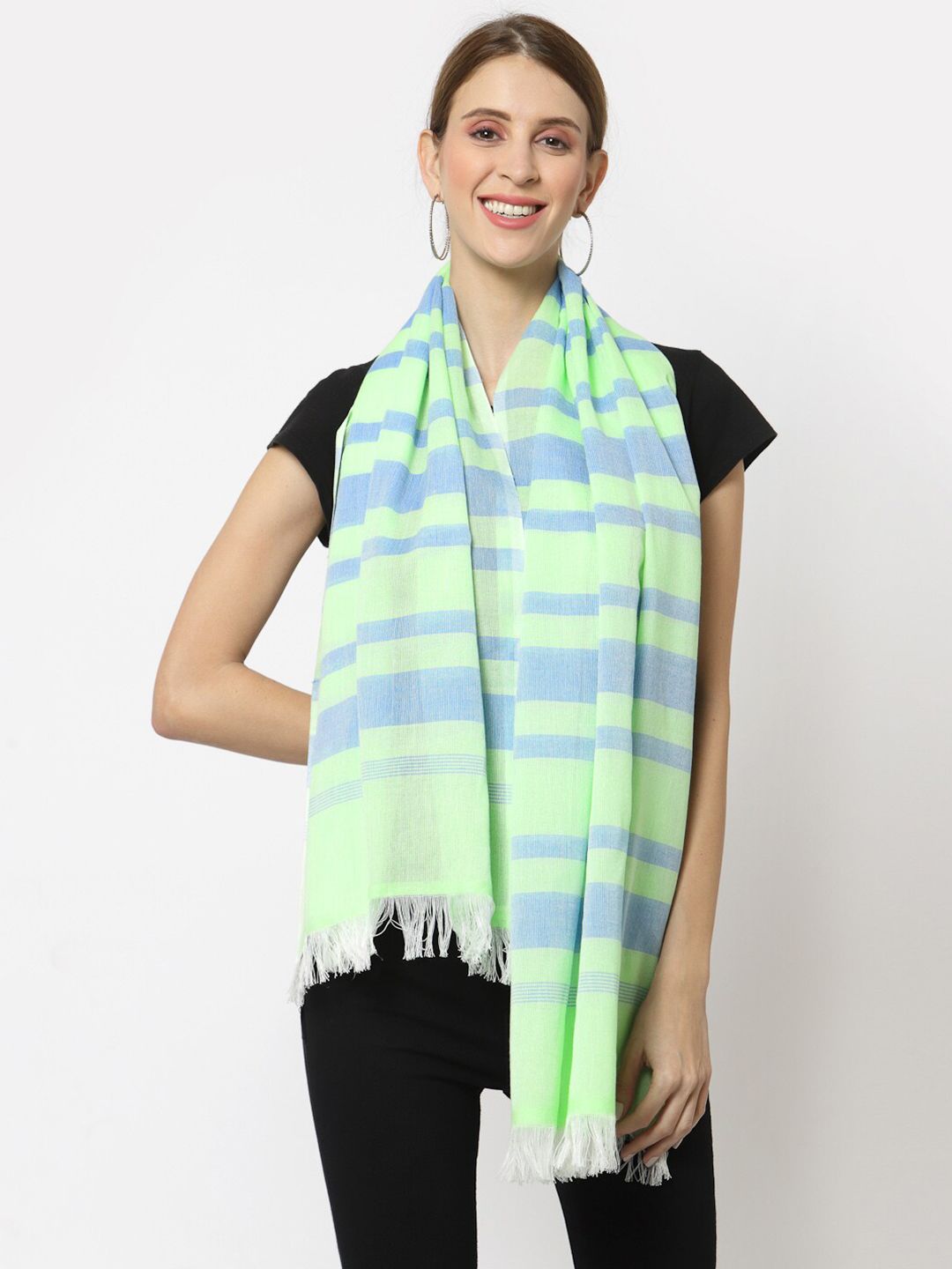 KLOTTHE Women Green & Blue Striped Stole Price in India