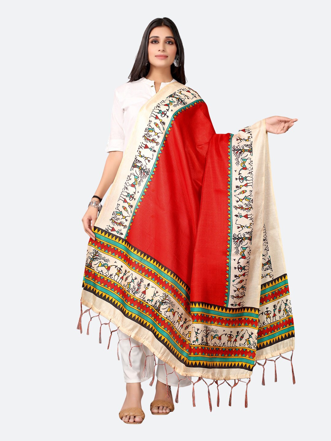 Satrani  Woman Red & Beige Ethnic Motifs Printed Silk Blend Dupatta Price in India