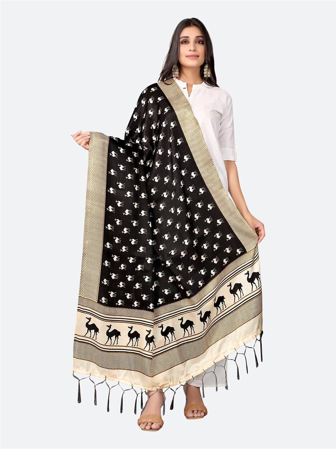 Satrani Woman Black & Beige Ethnic Motifs Printed Silk Blend  Dupatta Price in India