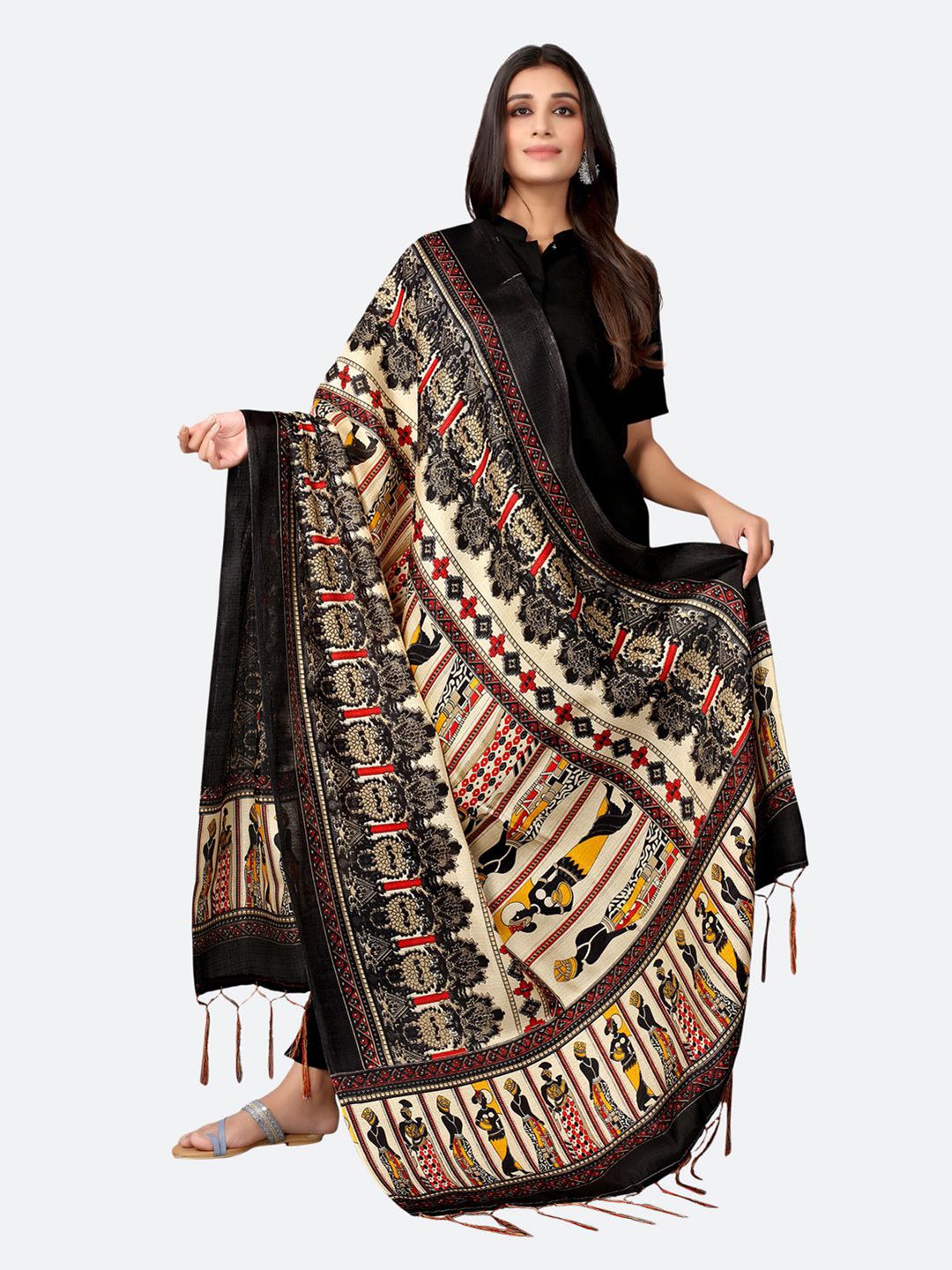 Satrani Woman Cream-Coloured & Black Ethnic Motifs Printed Dupatta Price in India