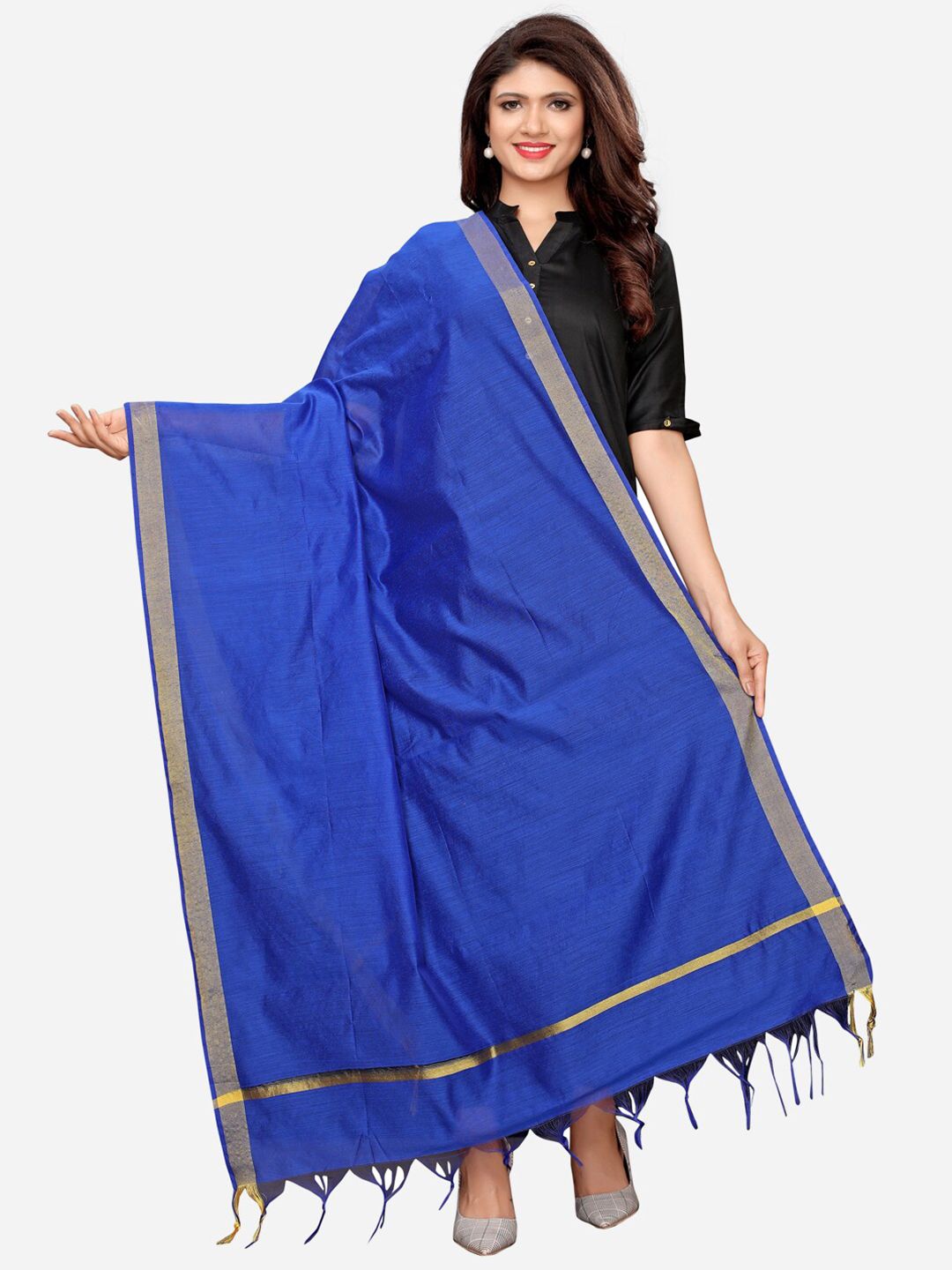 Satrani Woman Blue & Gold-Toned Dyed Cotton Silk Dupatta Price in India