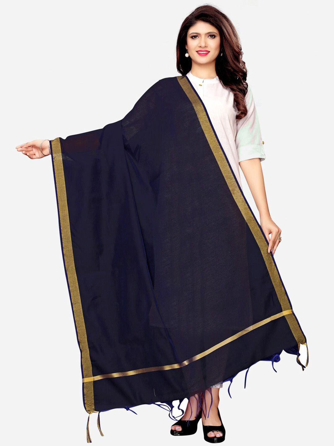 Satrani Woman Navy Blue & Gold-Toned Dyed Cotton Silk Dupatta Price in India