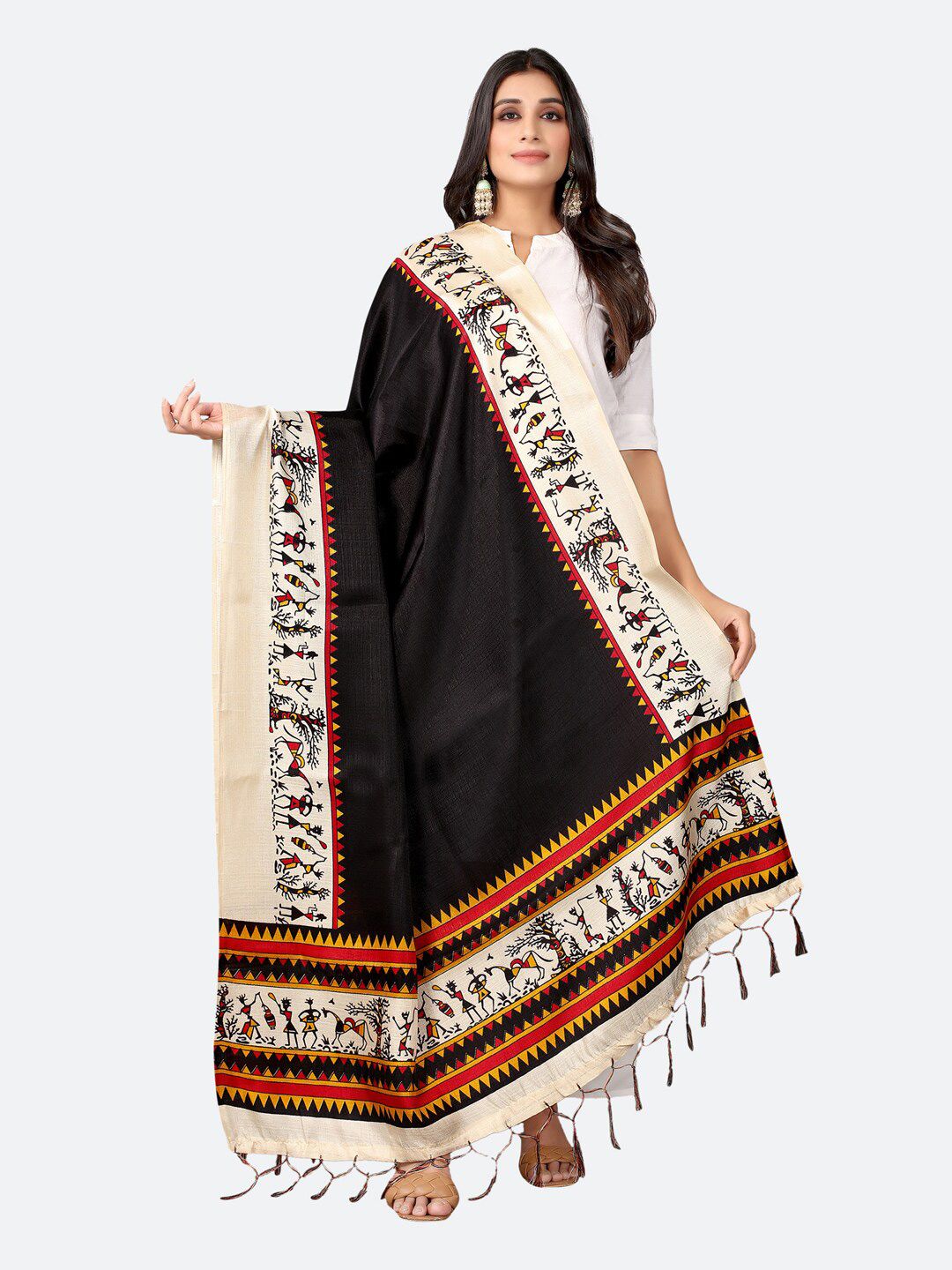 Satrani Woman Black & Cream-Coloured Ethnic Motifs Printed Silk Blend Dupatta Price in India