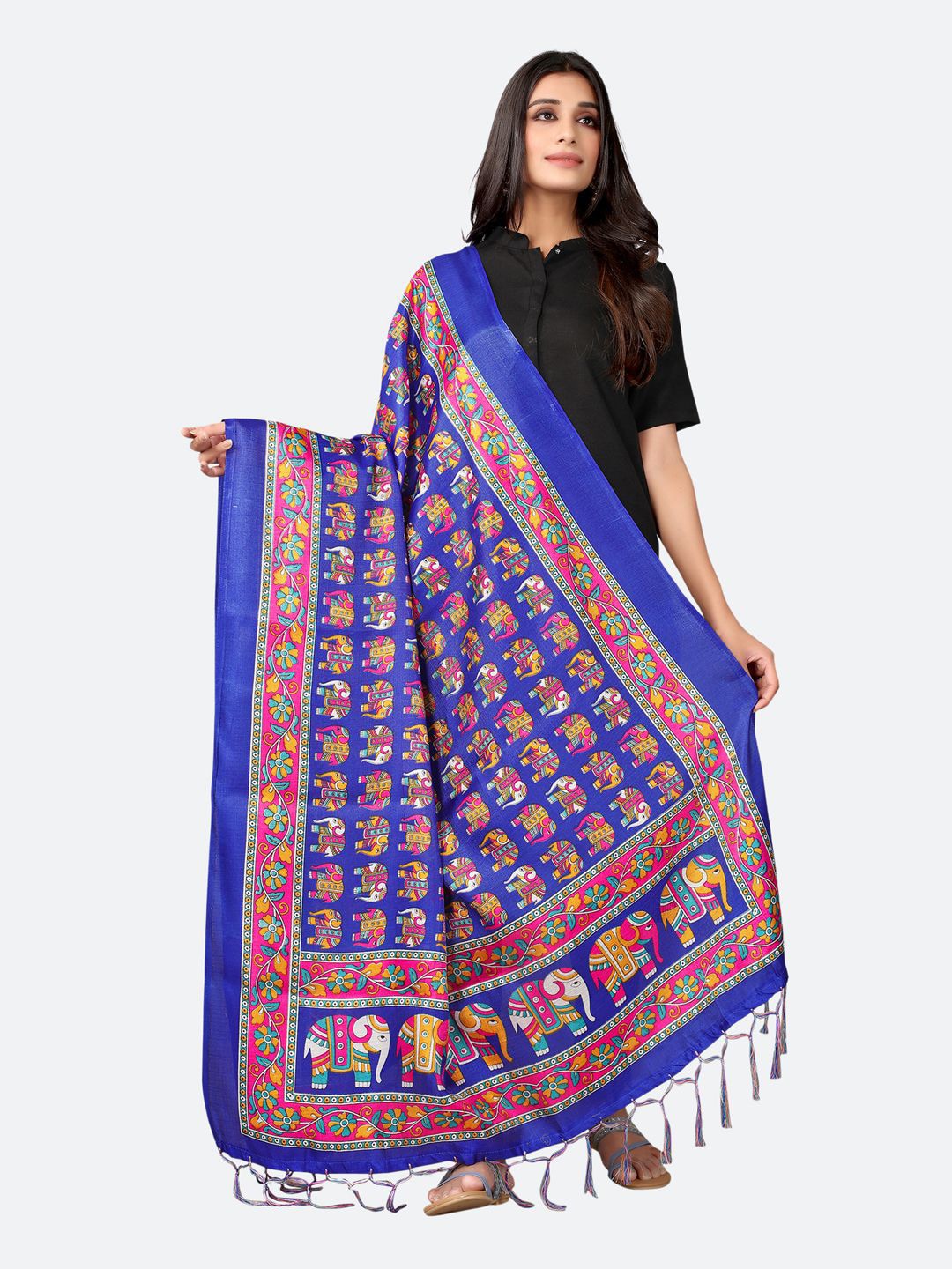Satrani Woman Blue & Pink Ethnic Motifs Printed Silk Blend Dupatta Price in India