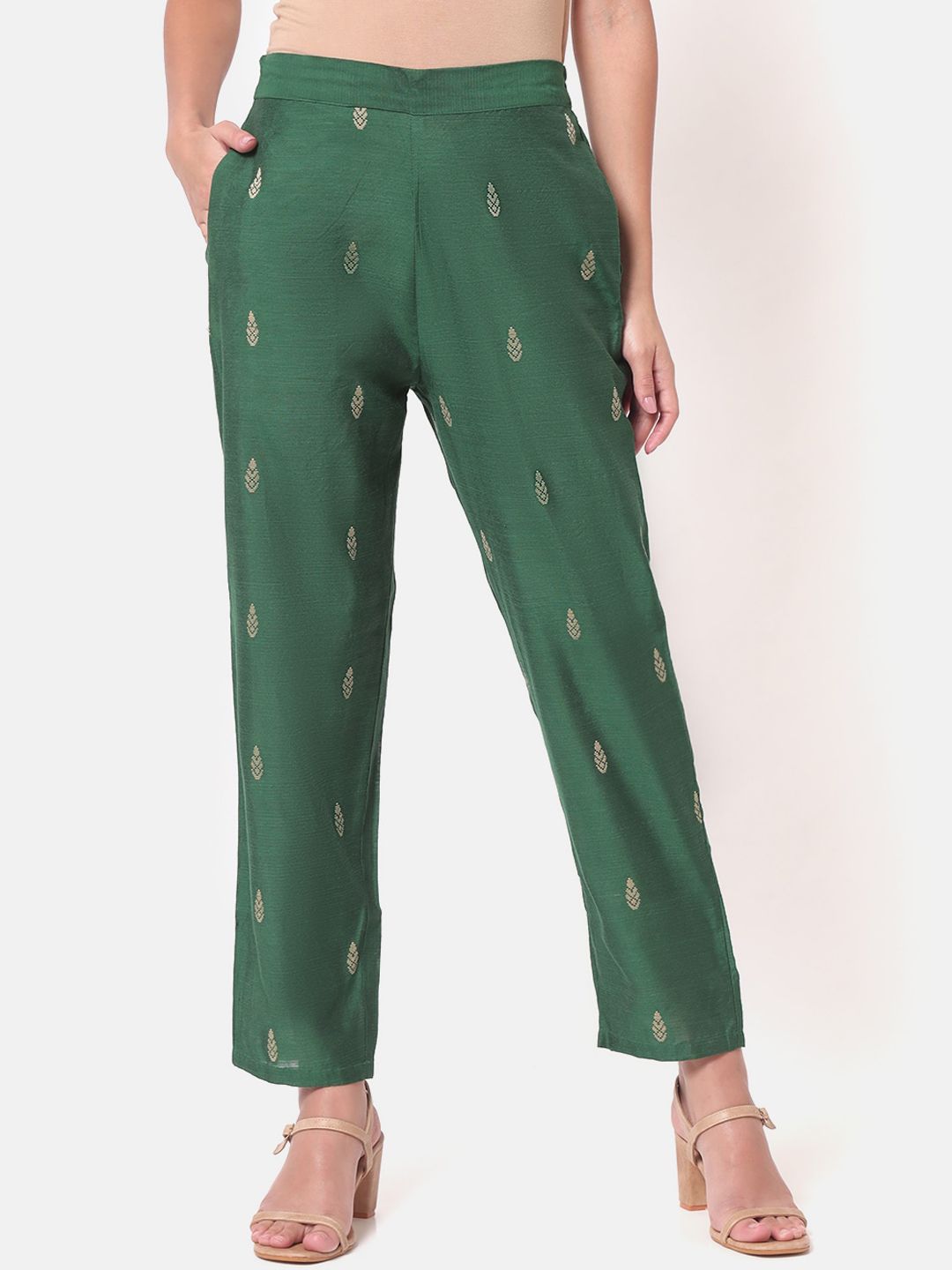 Saaki Women Green Embroidered Relaxed Straight Leg Trousers Price in India