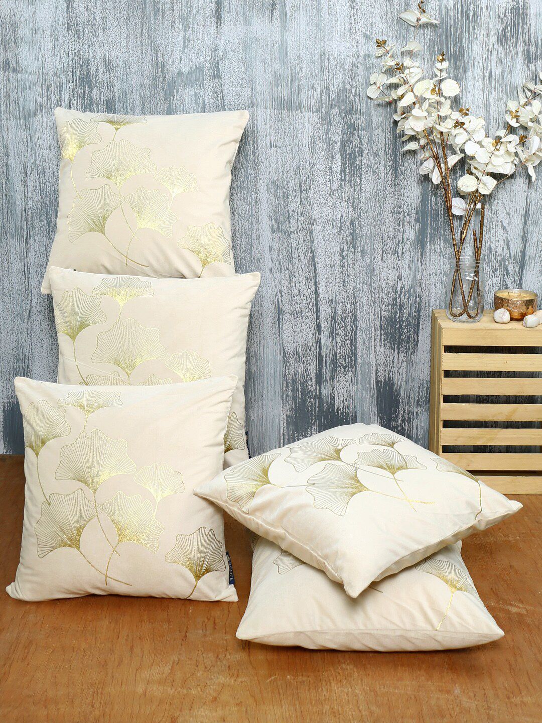 ROMEE Cream-Coloured & Gold-Toned Set of 5 Velvet Square Cushion Covers Price in India