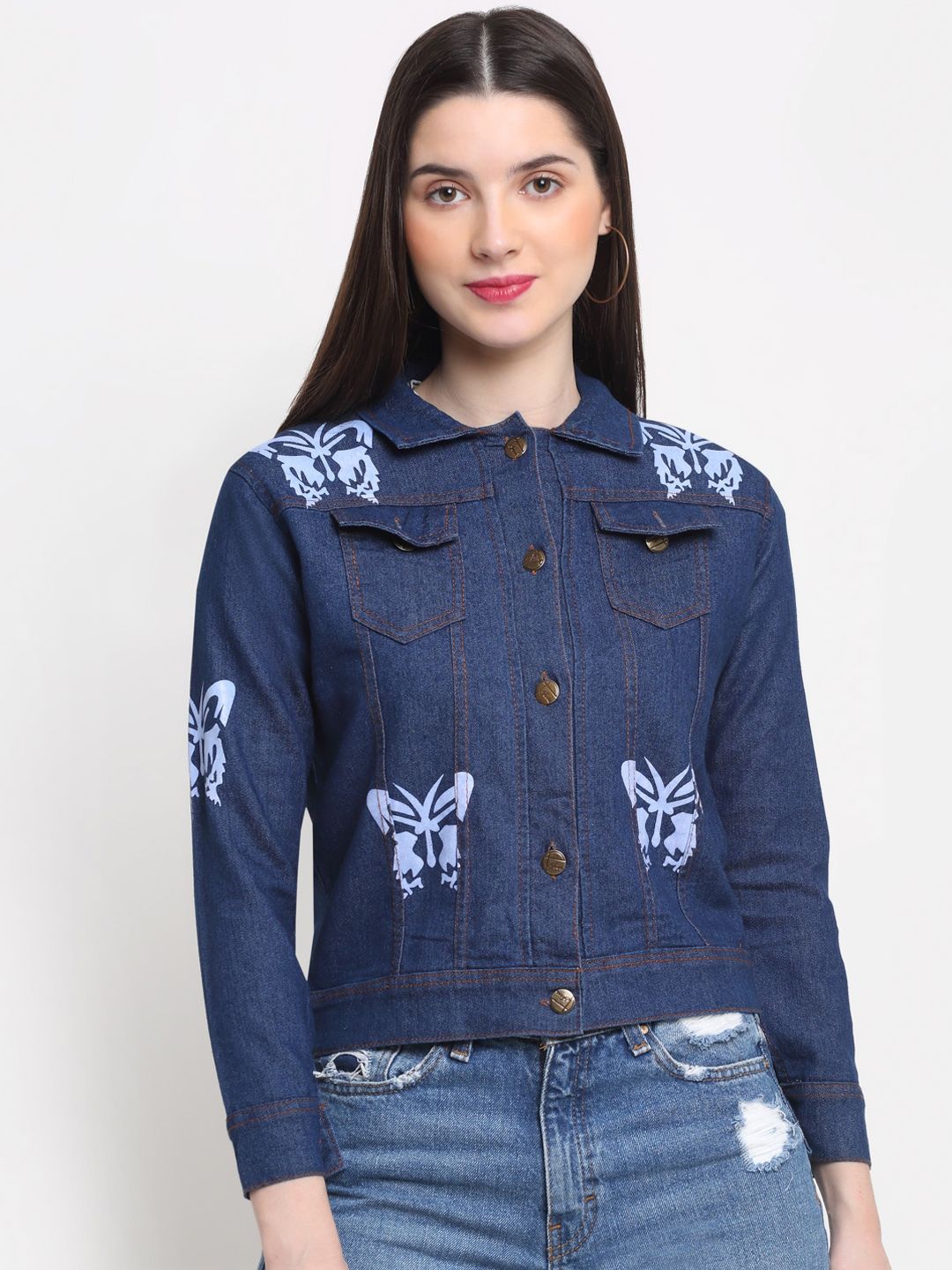 BUY NEW TREND Women Blue Lightweight Denim Jacket with Patchwork Price in India