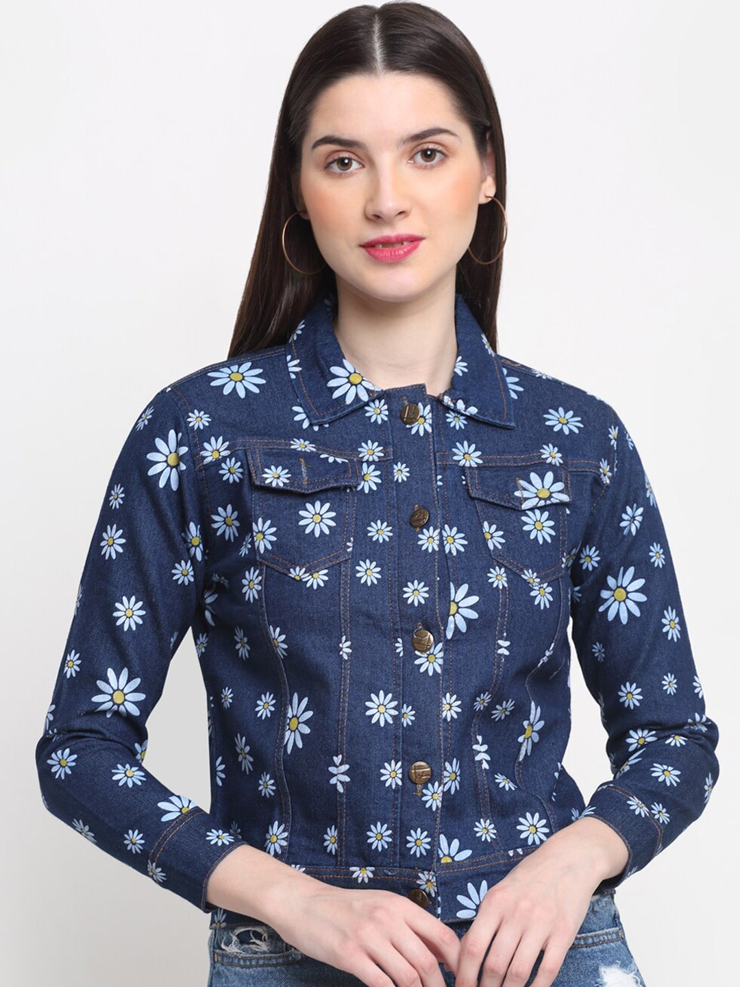 BUY NEW TREND Women Blue Floral Lightweight Bomber with Embroidered Jacket Price in India