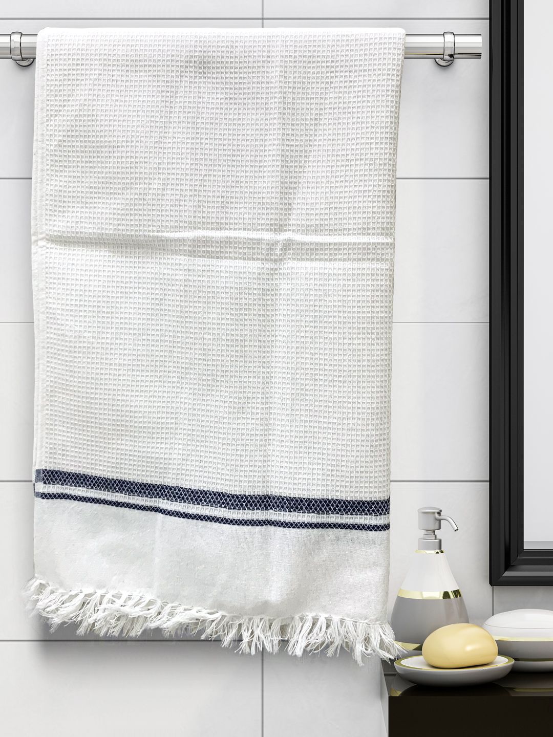 Athom Trendz Unisex White & Blue Self-Design 210 GSM Cotton Bath Towel Price in India