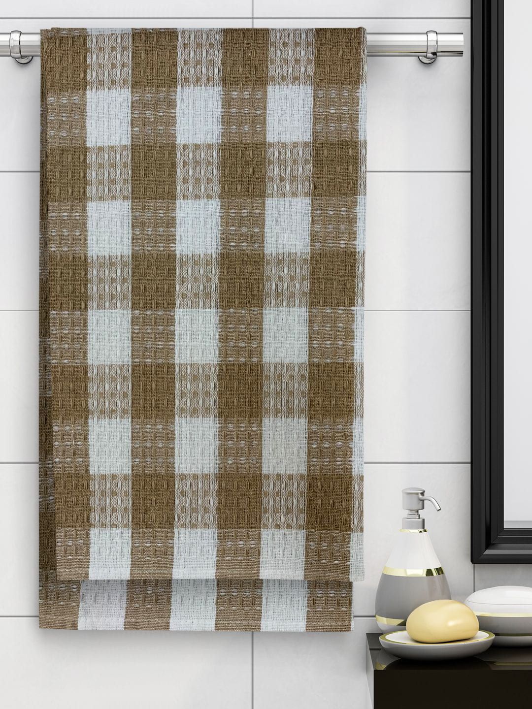 Athom Trendz Unisex Beige & White Checked 210 GSM Cotton Bath Towel Price in India