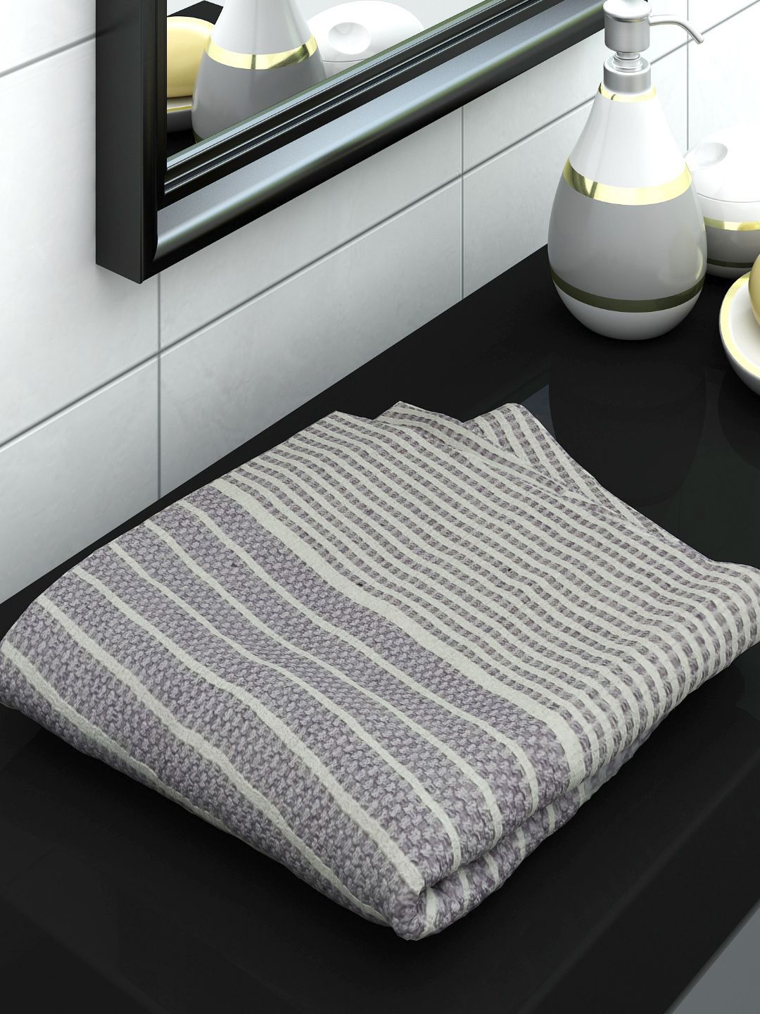 Athom Trendz Unisex Violet & White Striped 210 GSM Cotton Bath Towel Price in India